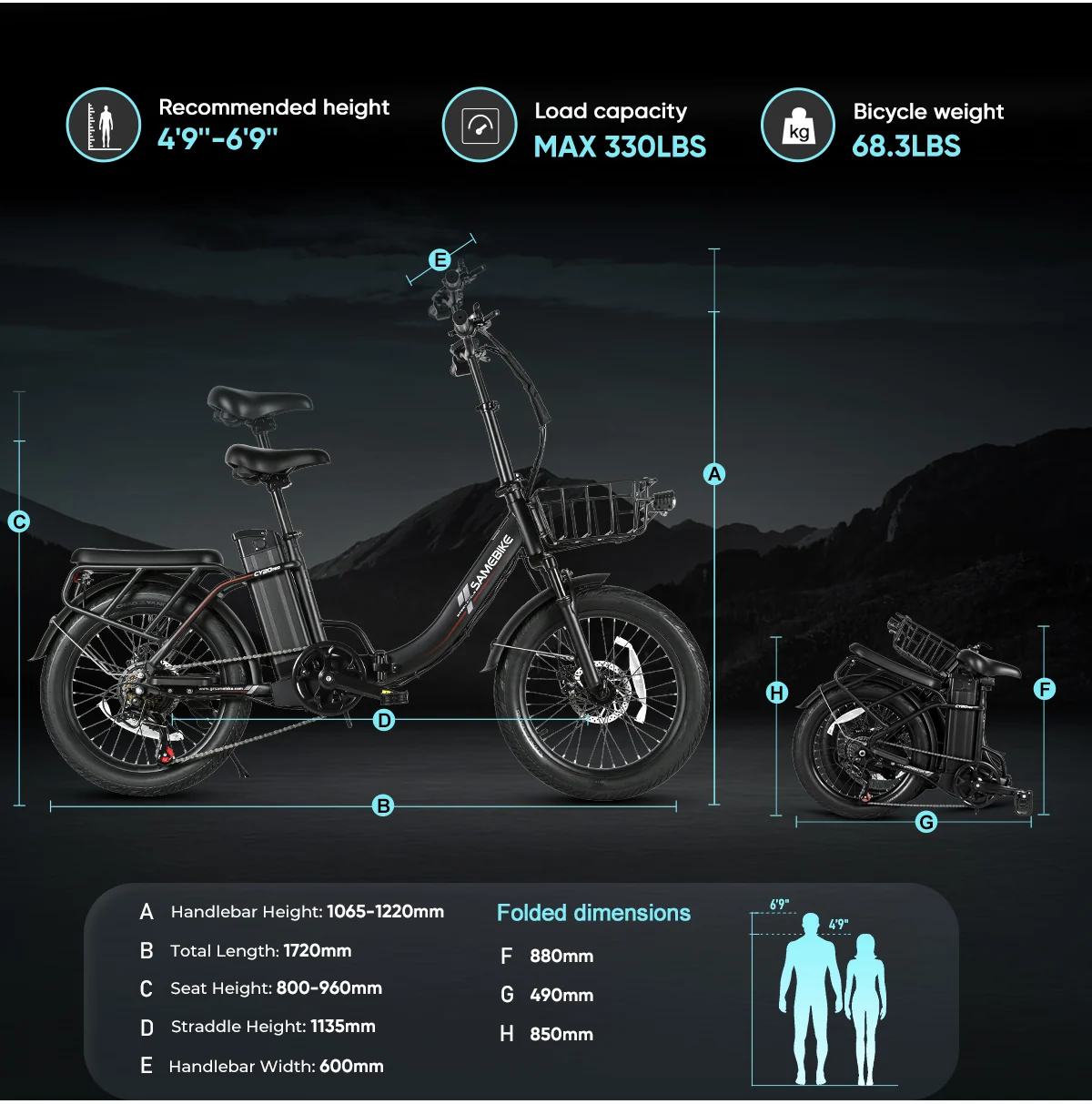 Abmessungen, Gewicht und maximale Zuladung des SAMEBIKE CY20 Pro-FT