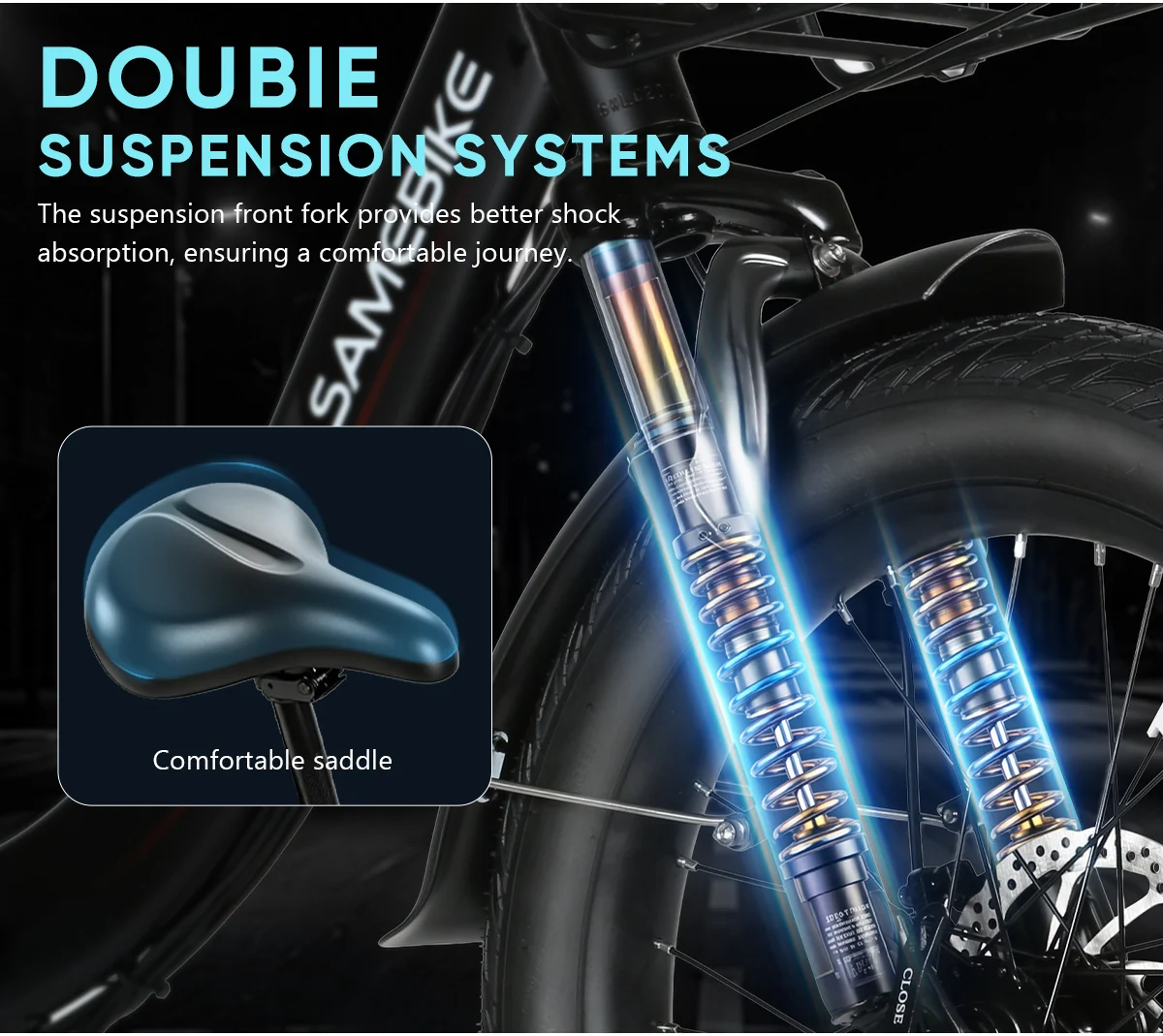 Vorderradgabel und gefederter Sattel des SAMEBIKE CY20 Pro-FT
