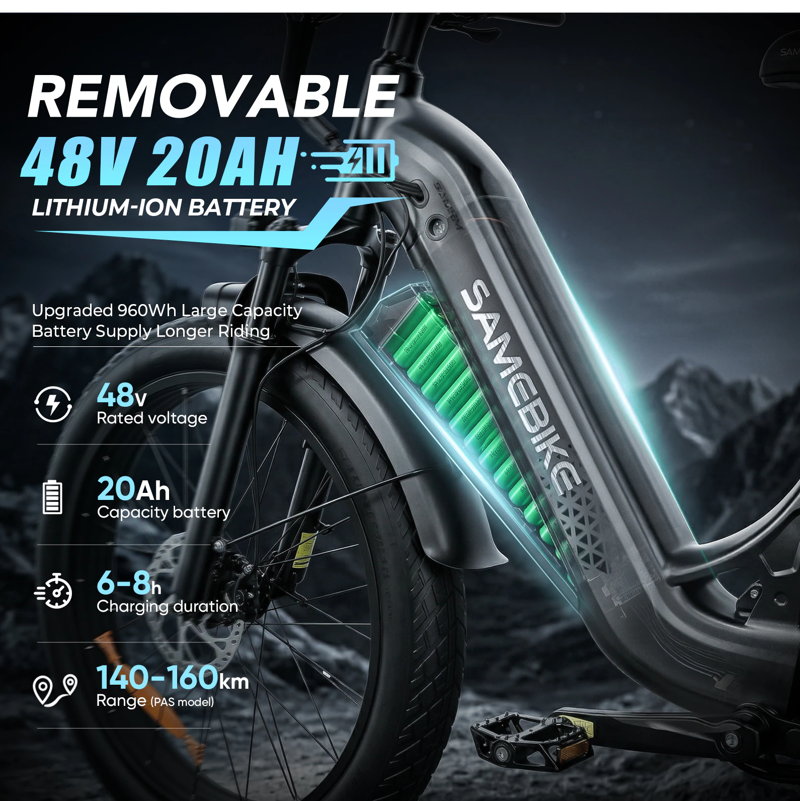 Abnehmbarer 48-V-20-Ah-Akku des SAMEBIKE CREST mit einer Ladezeit von 6–8 Stunden