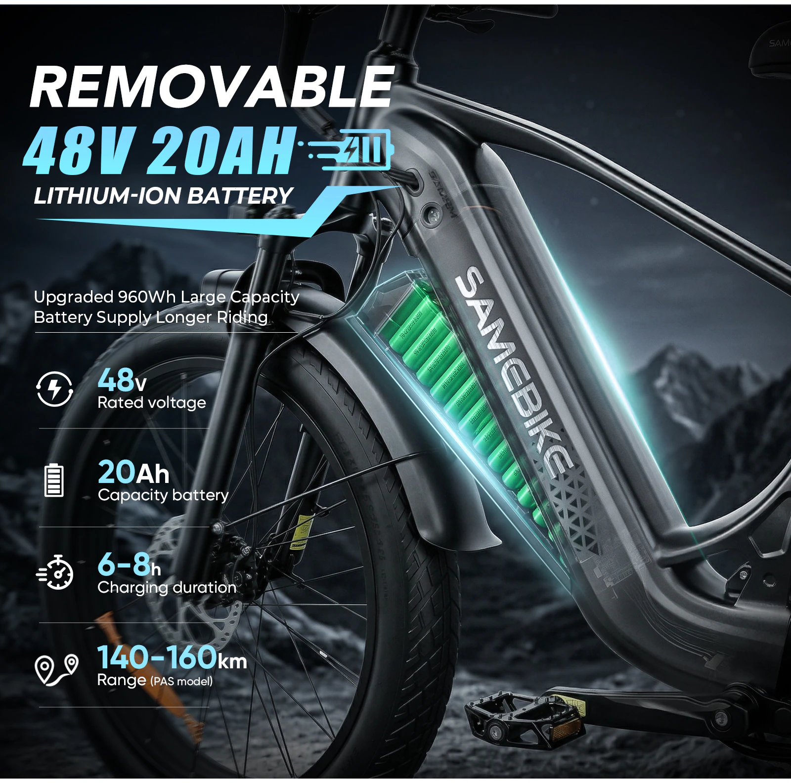 Abnehmbarer 48-V-20-Ah-Akku des SAMEBIKE STORM mit einer Ladezeit von 6–8 Stunden